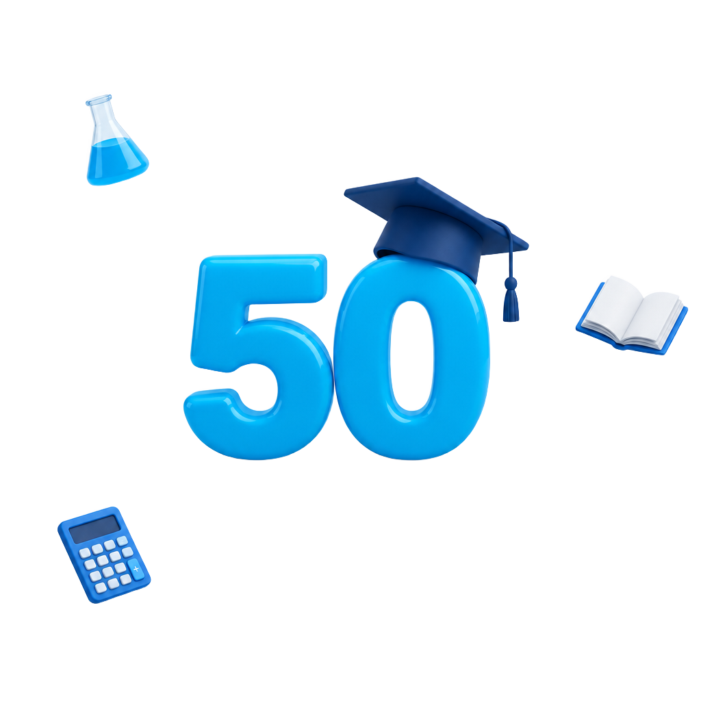 A blue 50 wearing a graduation cap