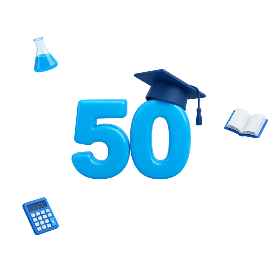 A blue 50 wearing a graduation cap
