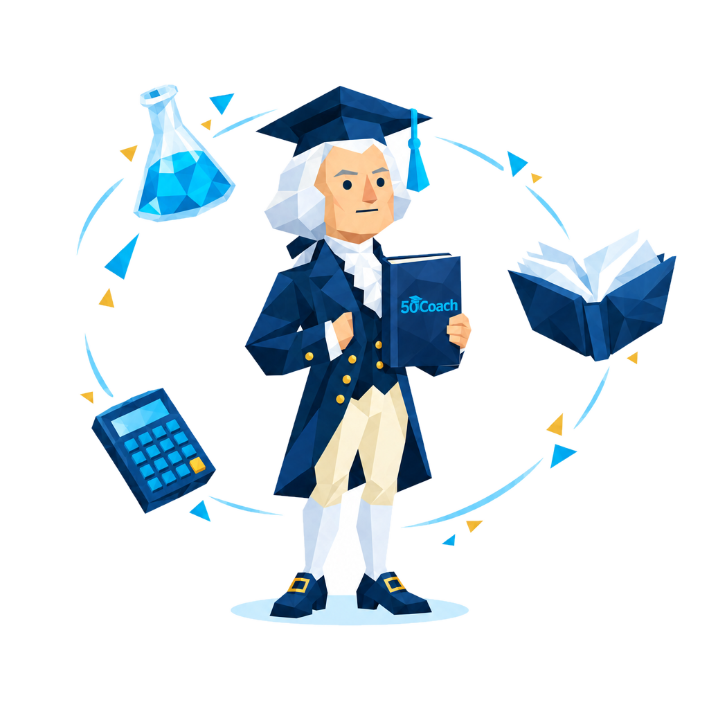 Washington, the 50Coach AI tutor, holding a 50Coach book with a flask, book and calculator around him
